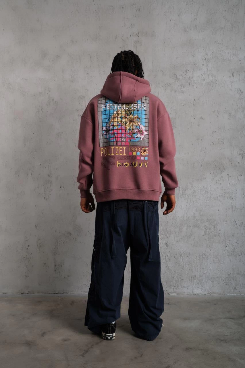 Erkek 3 İplik Pamuklu Kapüşonlu Baskılı Cepli Oversize Sweatshirt Hoodie - Gül Kurusu
