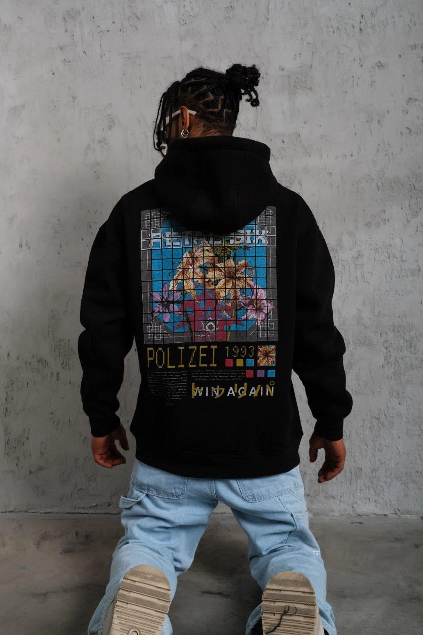 Erkek 3 İplik Pamuklu Kapüşonlu Baskılı Cepli Oversize Sweatshirt Hoodie - Siyah