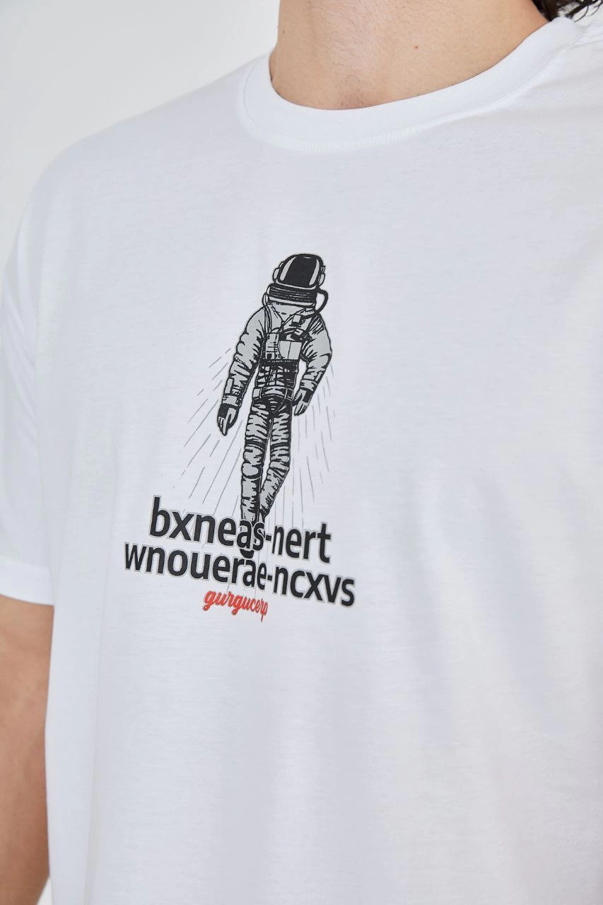 Erkek Baskılı T-Shirt Kısa Kol Bisiklet Yaka Regular Fit Rahat Kalıp Günlük Tişört - Beyaz