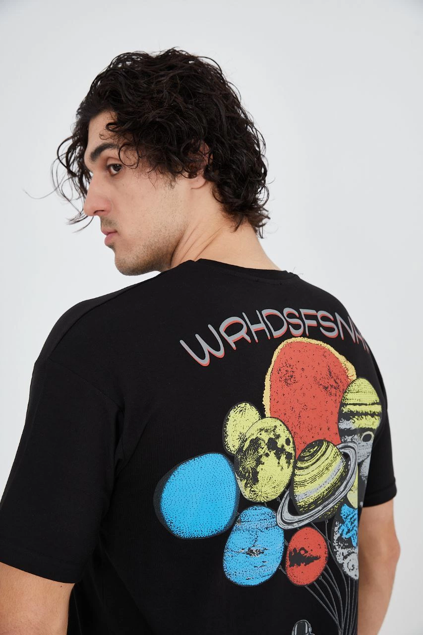 Erkek Baskılı T-Shirt Kısa Kol Bisiklet Yaka Regular Fit Rahat Kalıp Günlük Tişört - Siyah