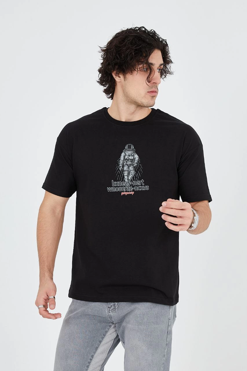 Erkek Baskılı T-Shirt Kısa Kol Bisiklet Yaka Regular Fit Rahat Kalıp Günlük Tişört - Siyah