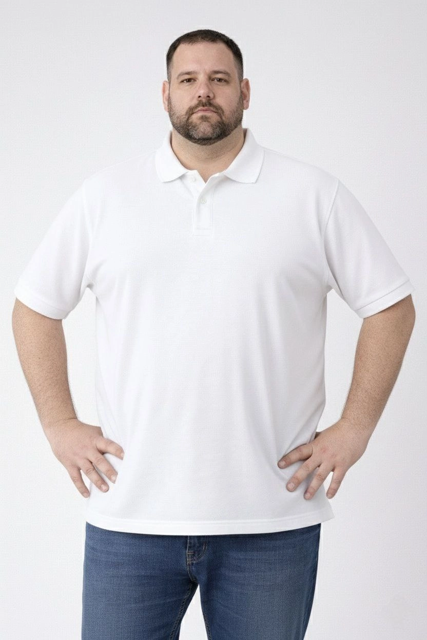 Erkek Polo Yaka Düğmeli Tişört Pike Kumaş Battal Beden Kısa Kol T-Shirt - Beyaz
