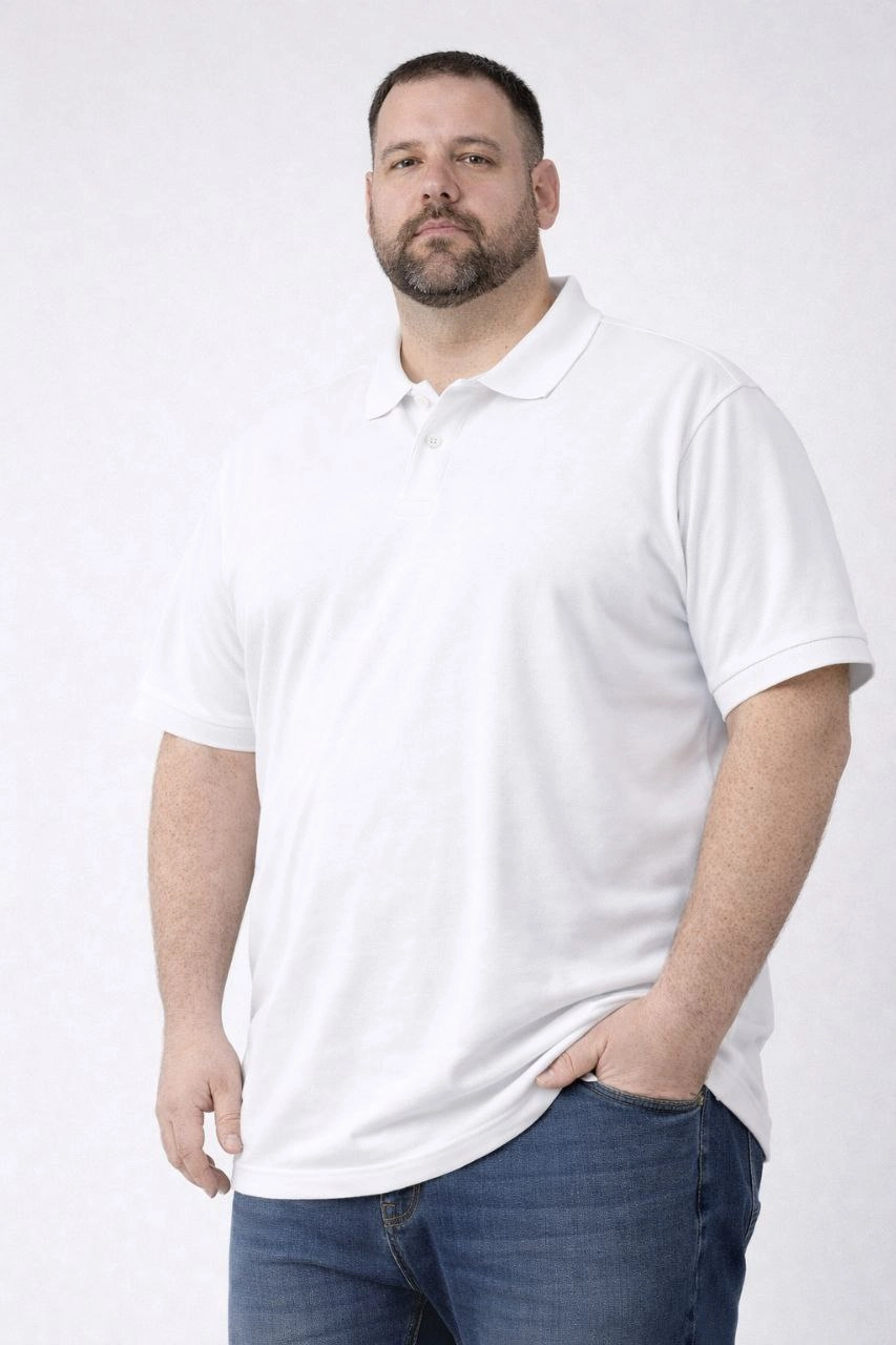 Erkek Polo Yaka Düğmeli Tişört Pike Kumaş Battal Beden Kısa Kol T-Shirt - Beyaz