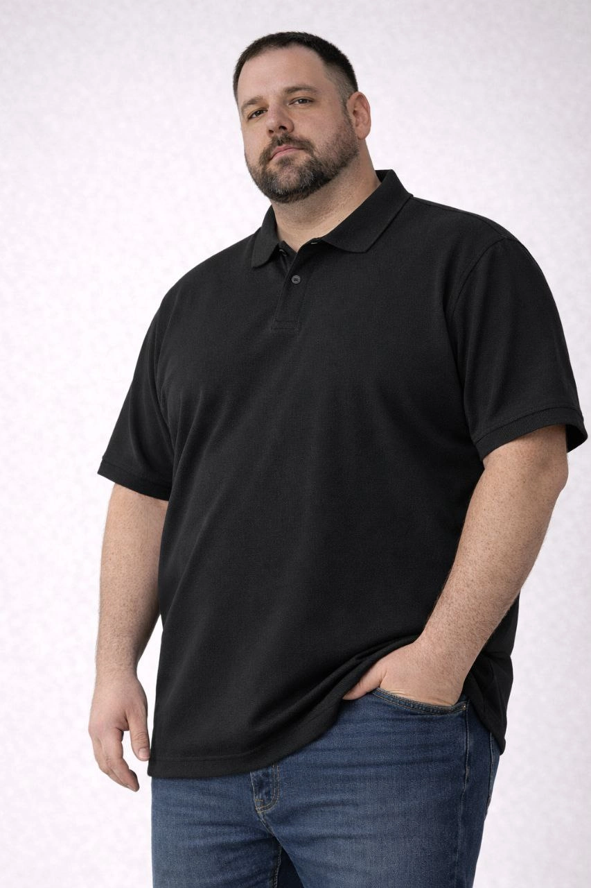 Erkek Polo Yaka Düğmeli Tişört Pike Kumaş Battal Beden Kısa Kol T-Shirt - Siyah