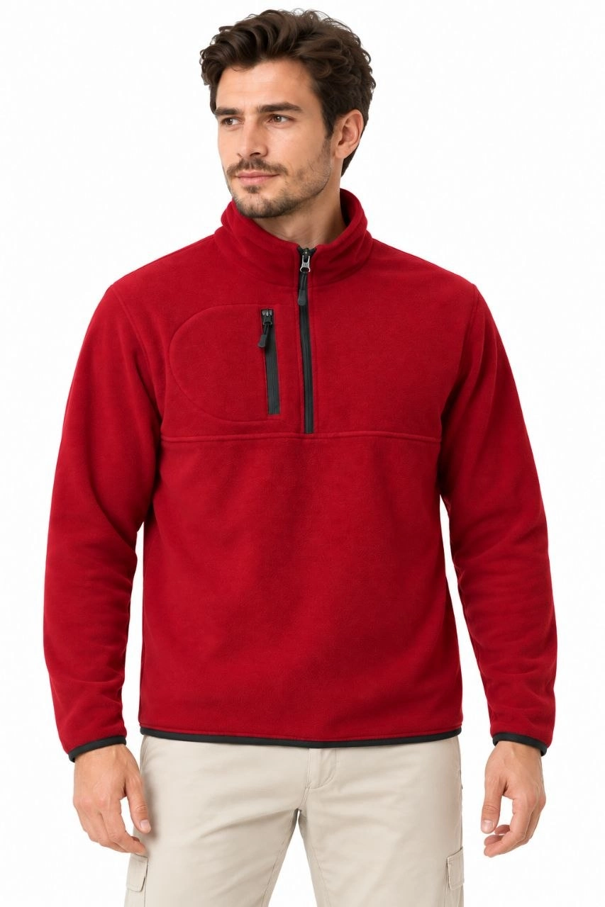 Erkek Polar Dik Yaka Yarım Fermuarlı Fermuarlı Göğüs Cepli Regular Fit Kışlık Sweatshirt - Bordo
