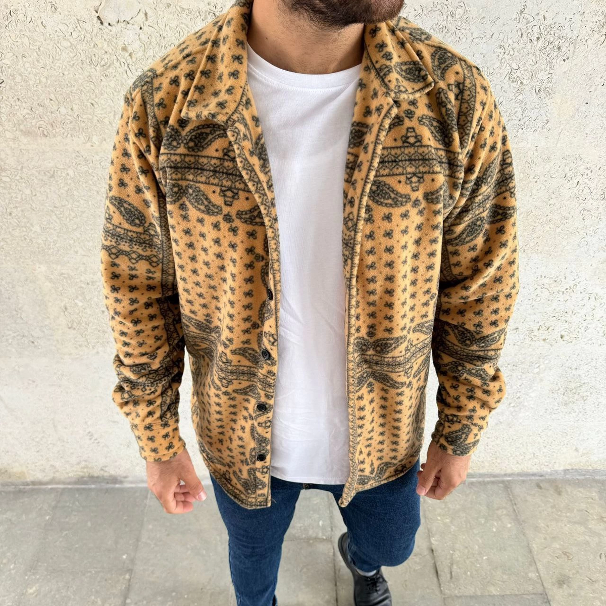 Erkek Düğmeli Gömlek Polar Sweatshirt Yumuşak Dokulu Oversize Kalıp -Sarı