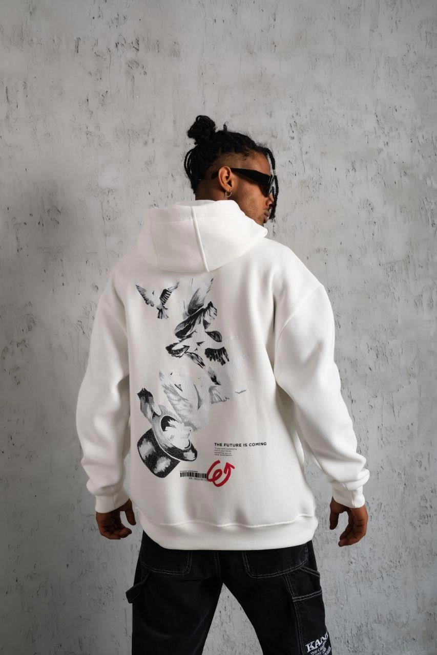 Erkek 3 İplik Pamuklu Kapüşonlu Baskılı Cepli Oversize Sweatshirt Hoodie - Beyaz