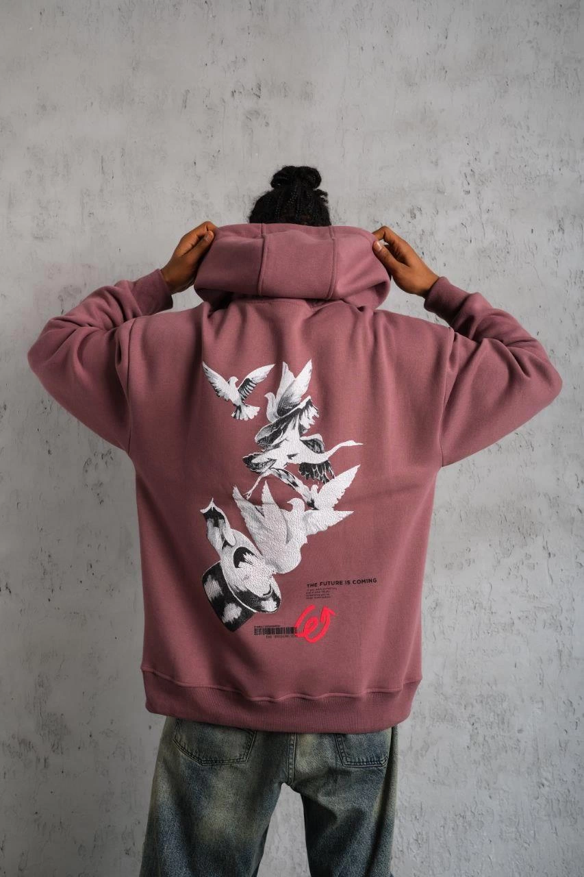 Erkek 3 İplik Pamuklu Kapüşonlu Baskılı Cepli Oversize Sweatshirt Hoodie - Gül Kurusu