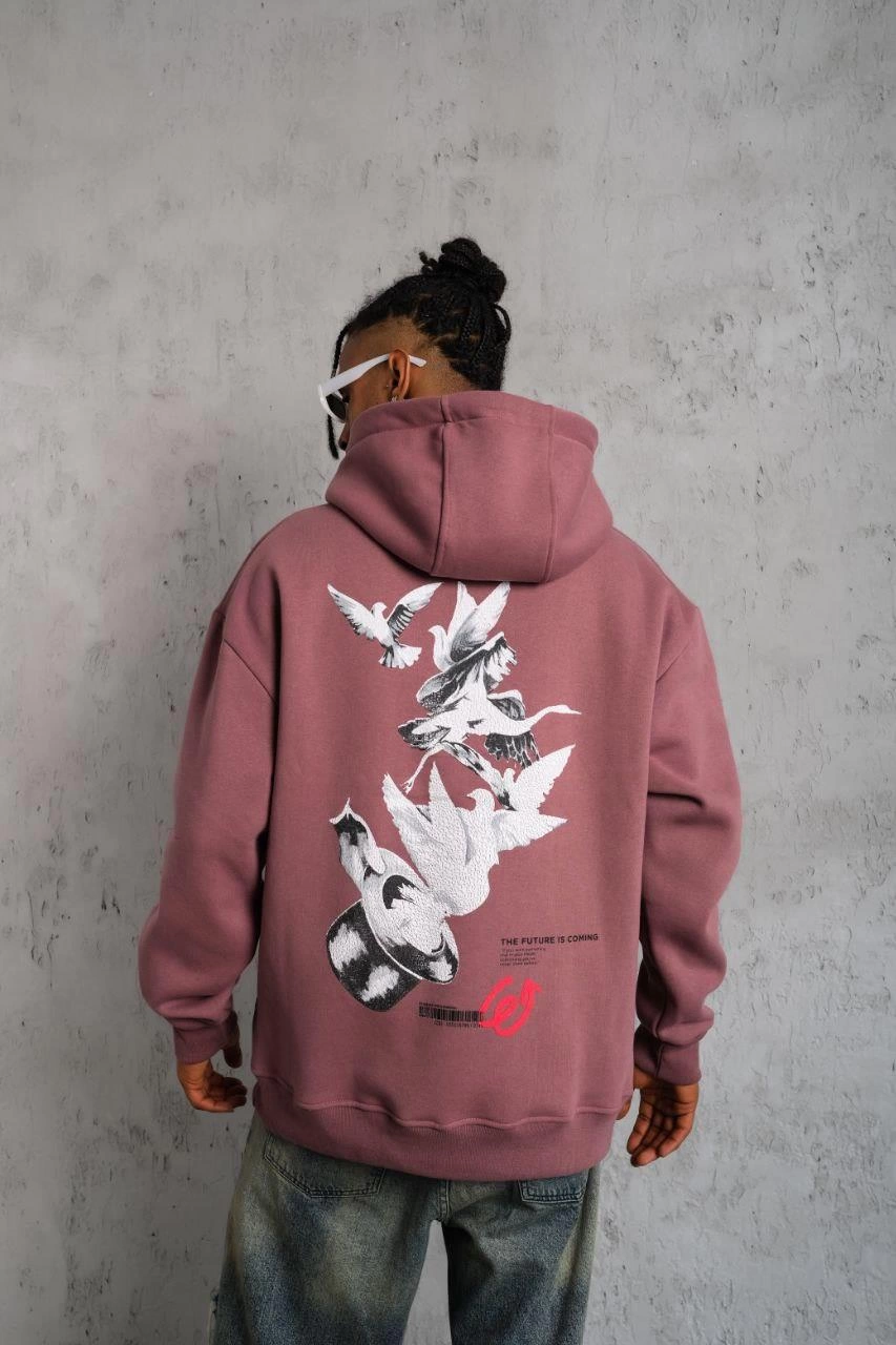 Erkek 3 İplik Pamuklu Kapüşonlu Baskılı Cepli Oversize Sweatshirt Hoodie - Gül Kurusu