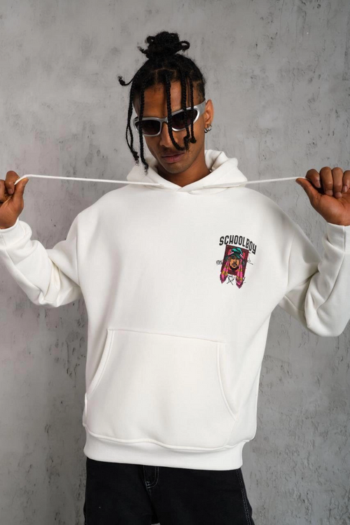 Erkek 3 İplik Pamuklu Kapüşonlu Baskılı Cepli Oversize Sweatshirt Hoodie - Beyaz