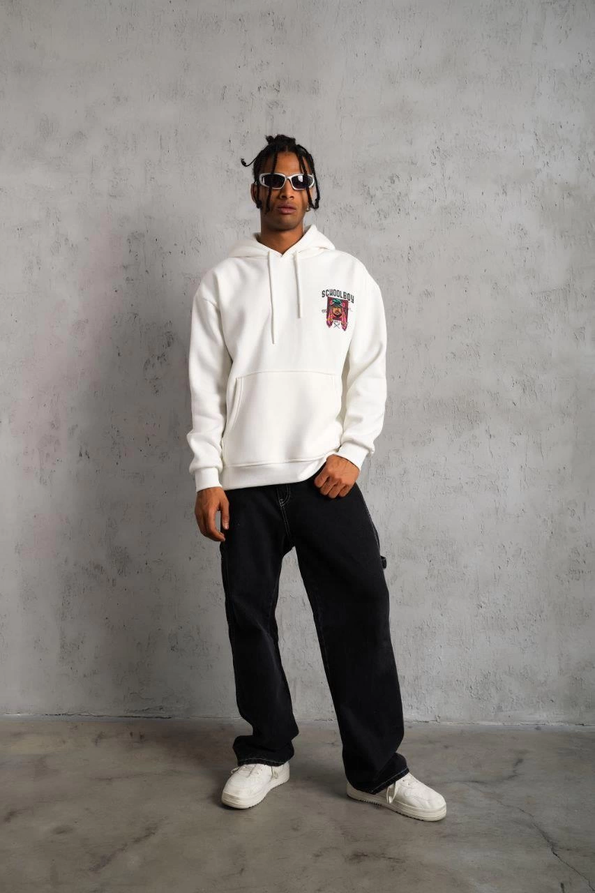 Erkek 3 İplik Pamuklu Kapüşonlu Baskılı Cepli Oversize Sweatshirt Hoodie - Beyaz