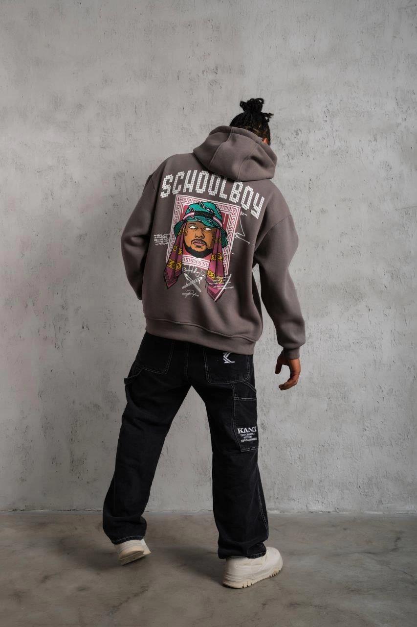 Erkek 3 İplik Pamuklu Kapüşonlu Baskılı Cepli Oversize Sweatshirt Hoodie - Gri
