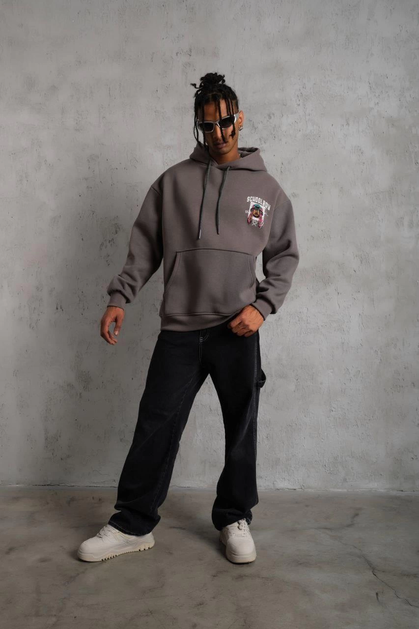 Erkek 3 İplik Pamuklu Kapüşonlu Baskılı Cepli Oversize Sweatshirt Hoodie - Gri