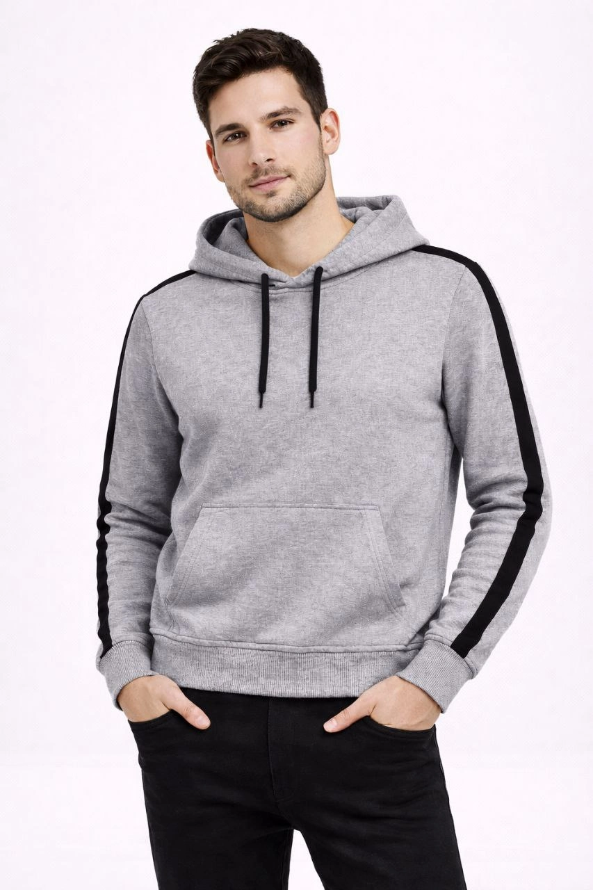 Erkek Şeritli Kapüşonlu Sweatshirt Oversize 3 iplik Pamuklu Hoodie - Gri