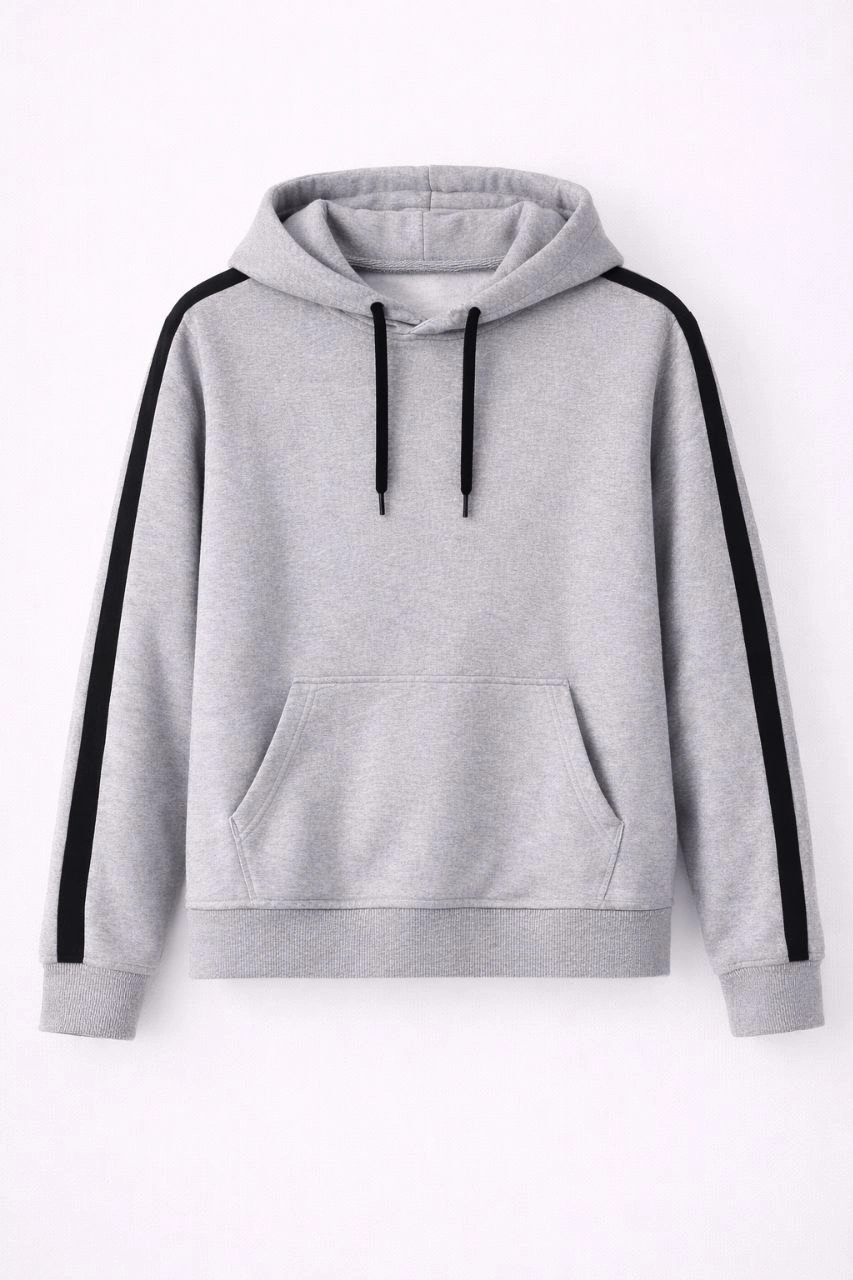 Erkek Şeritli Kapüşonlu Sweatshirt Oversize 3 iplik Pamuklu Hoodie - Gri