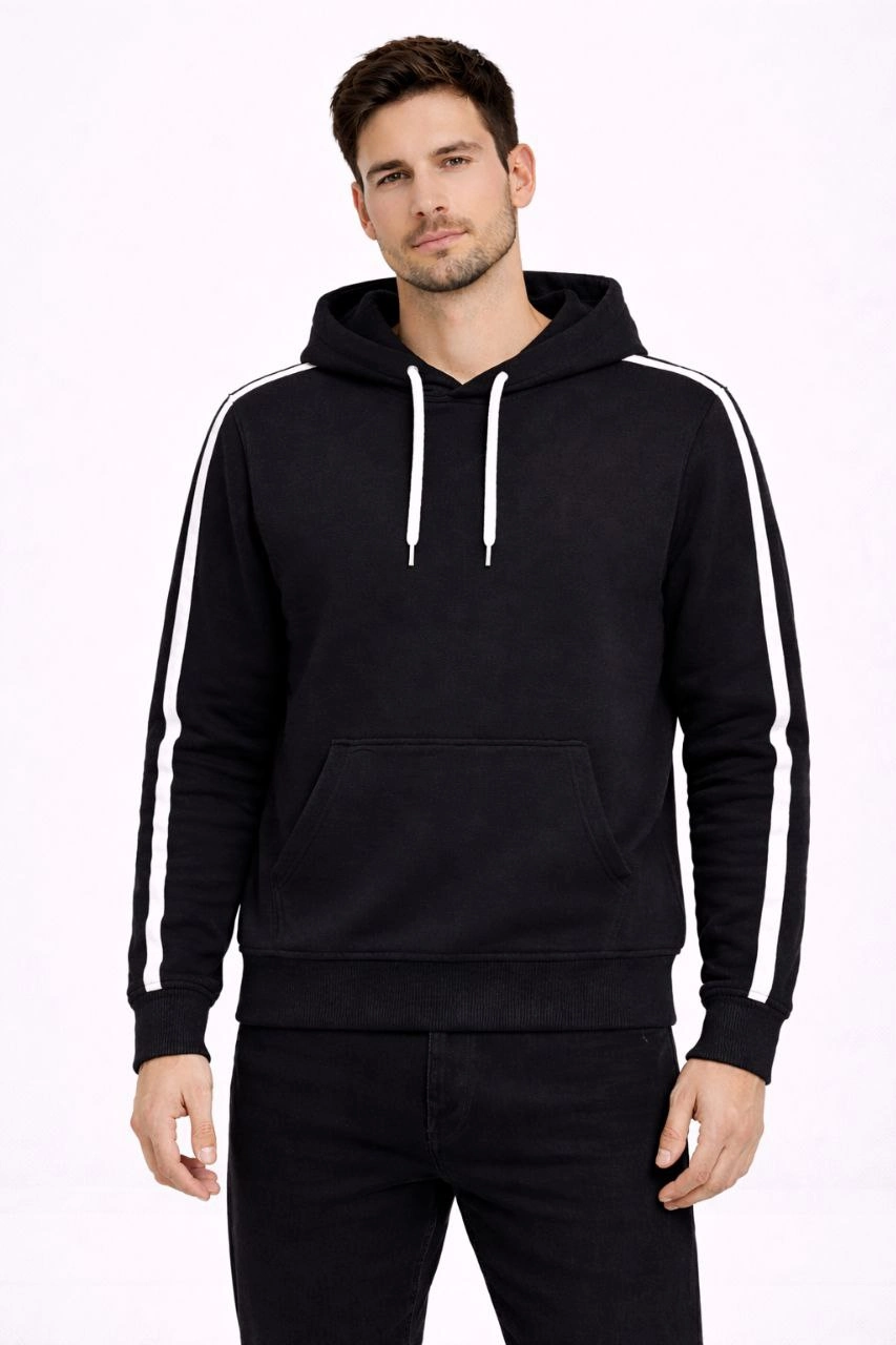 Erkek Şeritli Kapüşonlu Sweatshirt Oversize 3 iplik Pamuklu Hoodei - Siyah