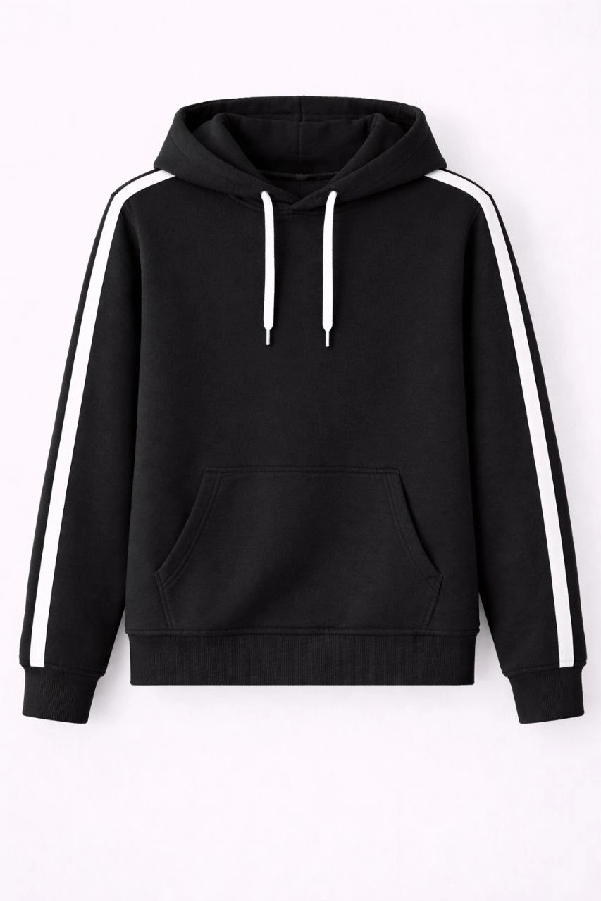 Erkek Şeritli Kapüşonlu Sweatshirt Oversize 3 iplik Pamuklu Hoodei - Siyah