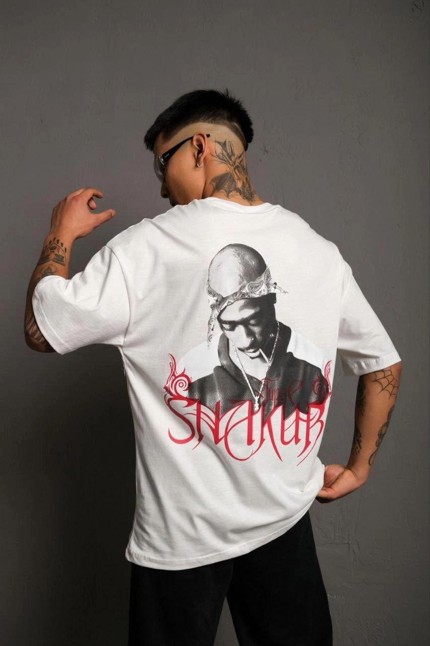 Erkek Baskılı T-Shirt Oversize Kısa kol Bisiklet yaka tişort - Beyaz