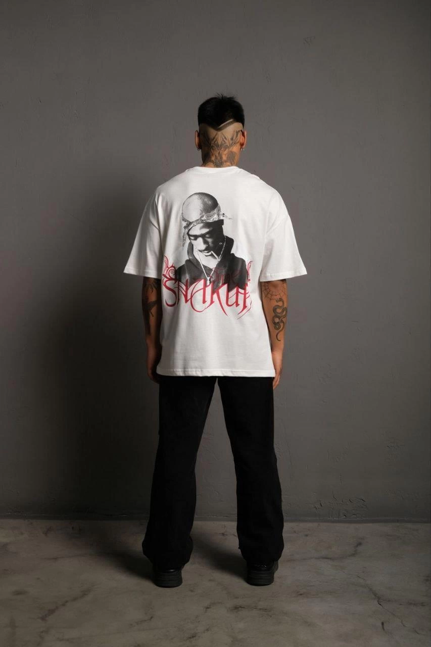 Erkek Baskılı T-Shirt Oversize Kısa kol Bisiklet yaka tişort - Beyaz