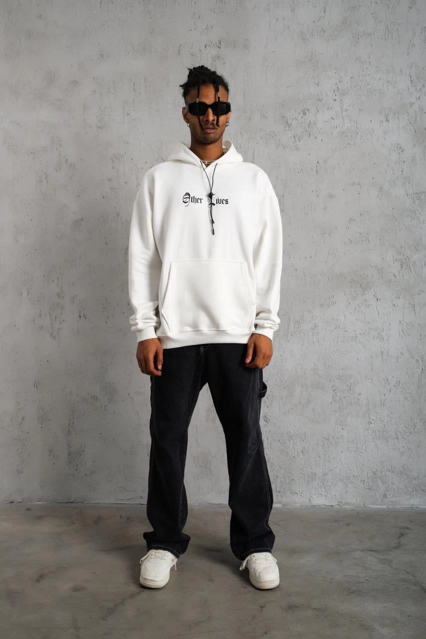 Erkek Kapüşonlu Kanguru Cepli Sweatshirt 3 İplik Pamuklu Baskılı Hoodie - Beyaz
