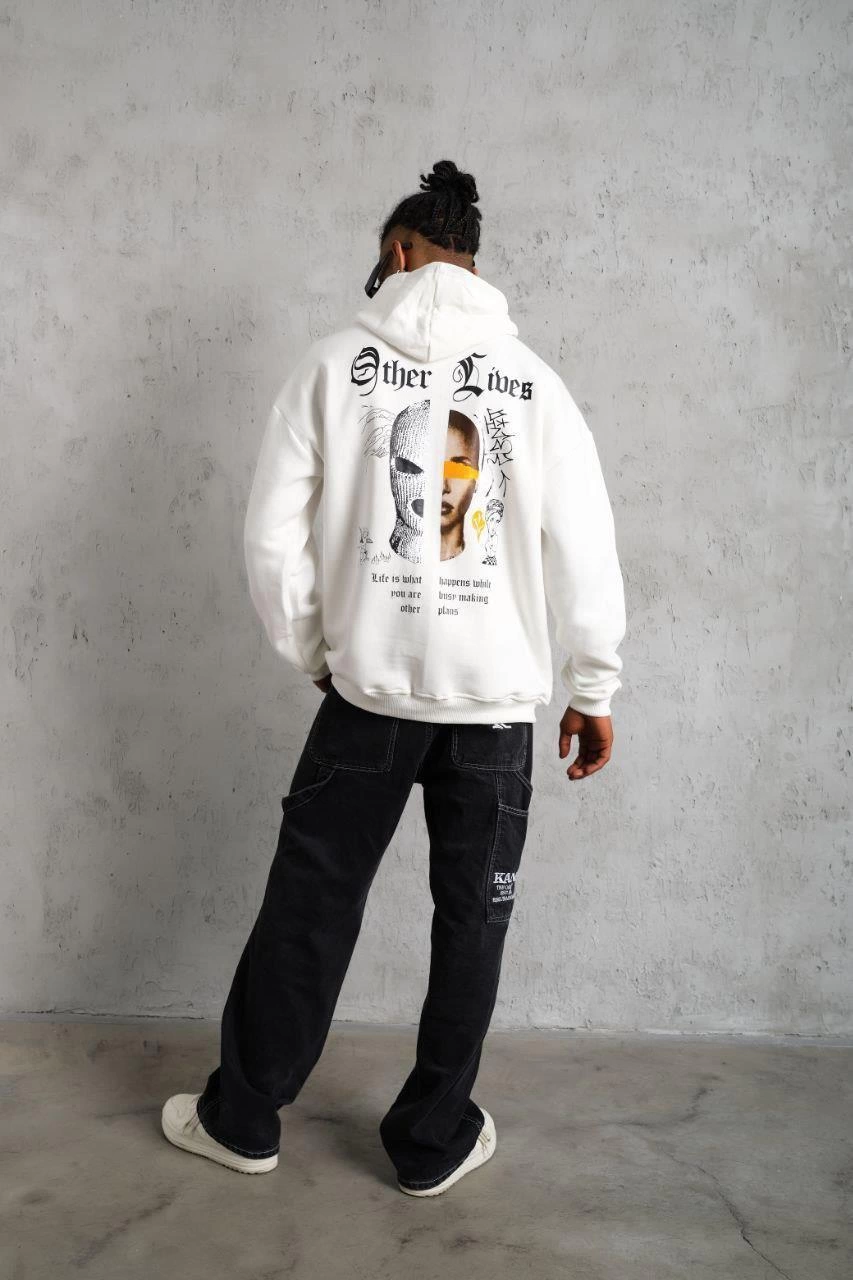 Erkek 3 İplik Pamuklu Kapüşonlu Baskılı Cepli Oversize Sweatshirt Hoodie - Beyaz
