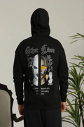 Erkek 3 İplik Pamuklu Kapüşonlu Baskılı Cepli Oversize Sweatshirt Hoodie - Siyah
