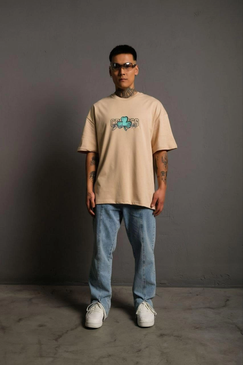 Erkek Kısa Kol Yazlık Tişört Bisiklet Yaka Baskılı Oversize T-Shirt - Bej