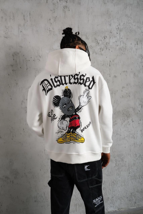 Erkek 3 İplik Pamuklu Kapüşonlu Baskılı Cepli Oversize Sweatshirt Hoodie - Beyaz