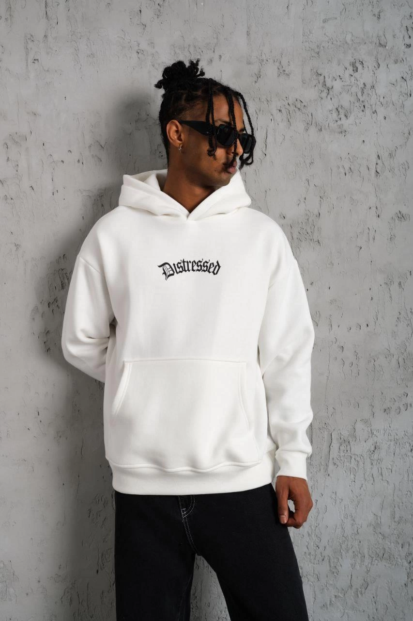 Erkek 3 İplik Pamuklu Kapüşonlu Baskılı Cepli Oversize Sweatshirt Hoodie - Beyaz