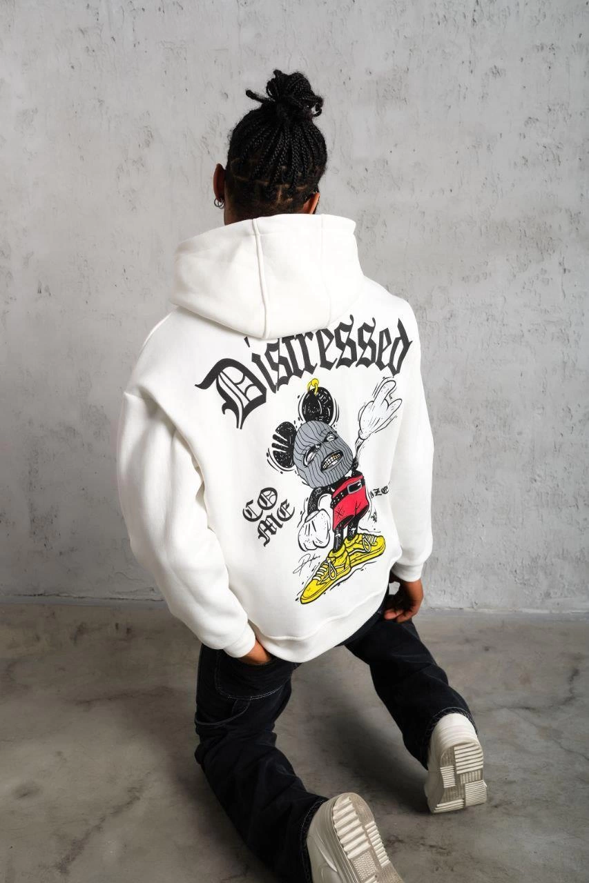 Erkek 3 İplik Pamuklu Kapüşonlu Baskılı Cepli Oversize Sweatshirt Hoodie - Beyaz
