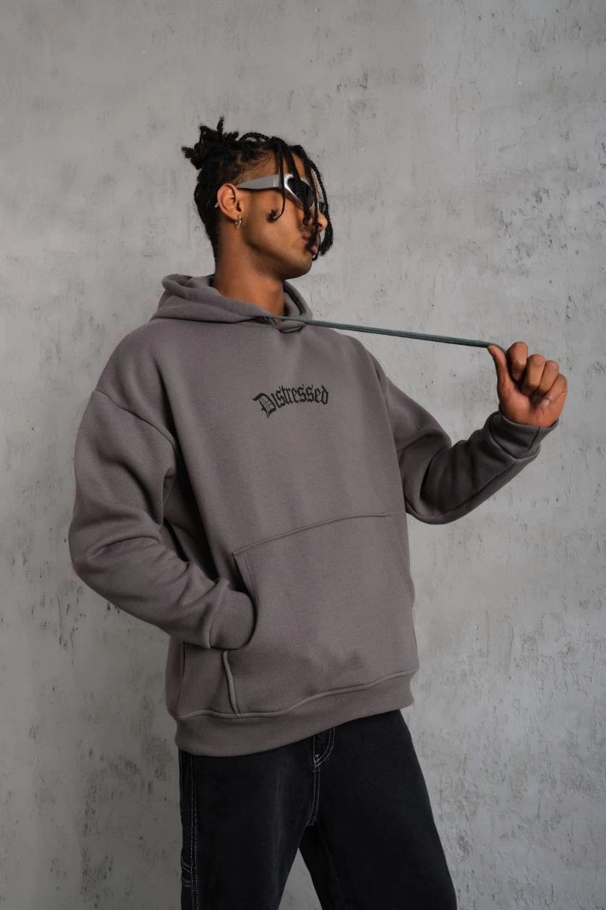 Erkek 3 İplik Pamuklu Kapüşonlu Kanguru Cepli Sweatshirt Hoodie -  Gri