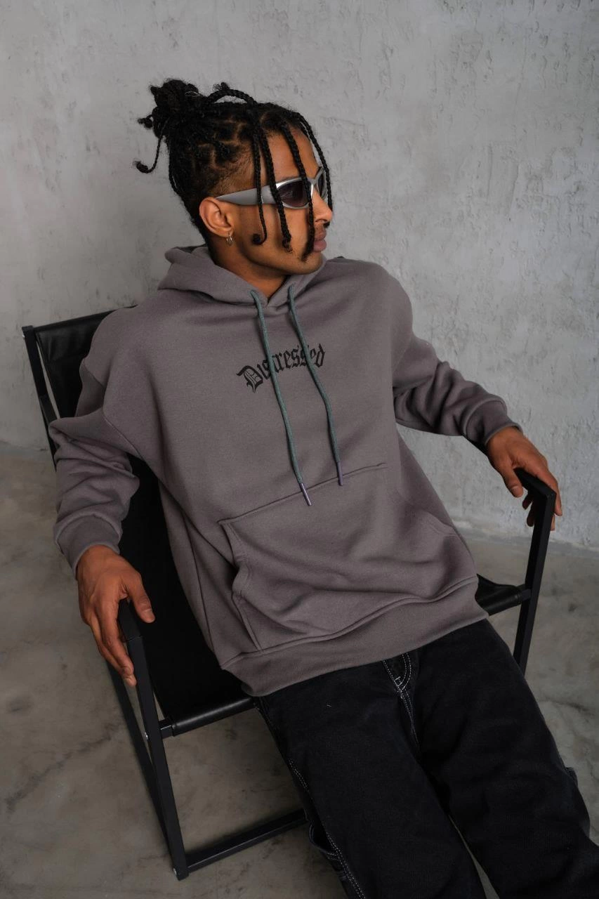 Erkek 3 İplik Pamuklu Kapüşonlu Kanguru Cepli Sweatshirt Hoodie -  Gri