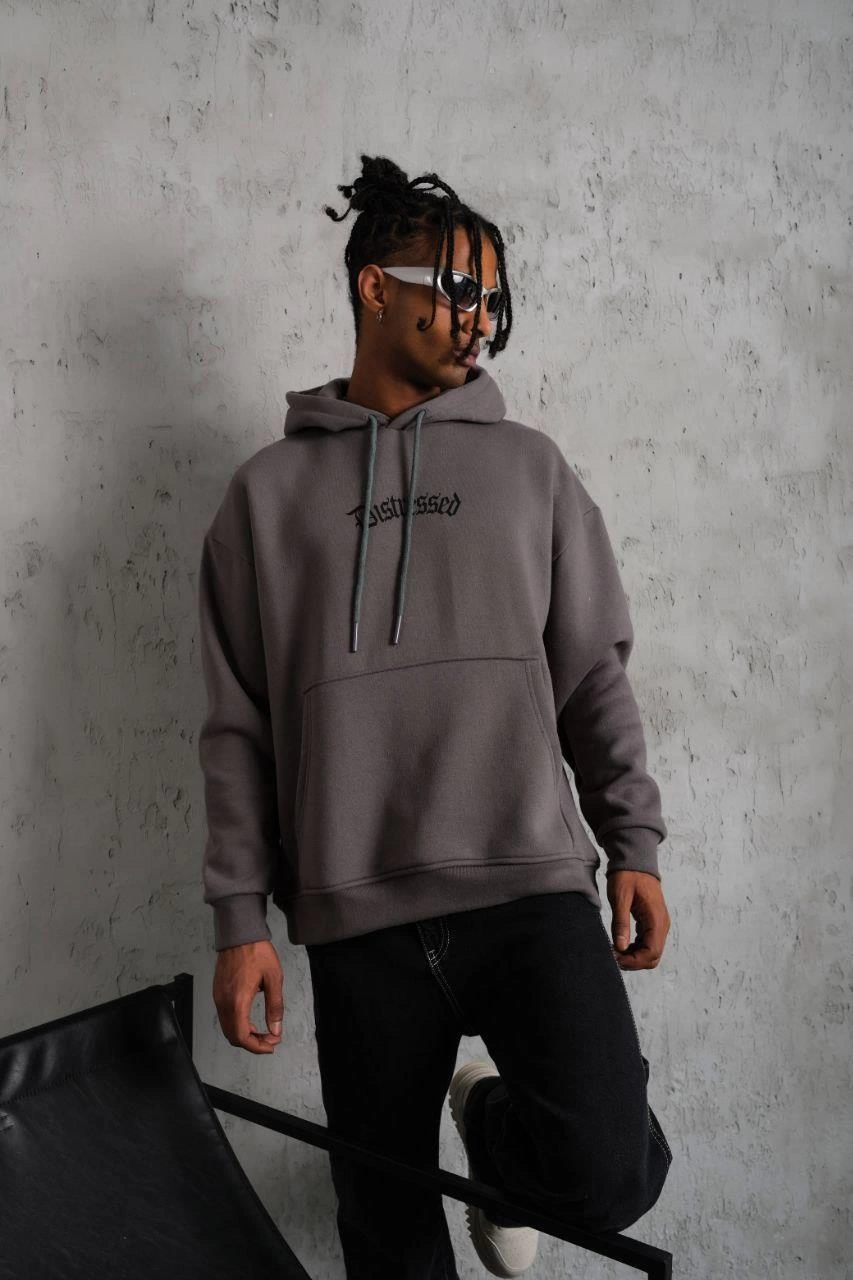 Erkek 3 İplik Pamuklu Kapüşonlu Kanguru Cepli Sweatshirt Hoodie -  Gri