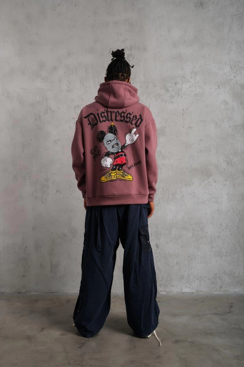 Erkek 3 İplik Pamuklu Kapüşonlu Kanguru Cepli Sweatshirt Hoodie - Gül Kurusu