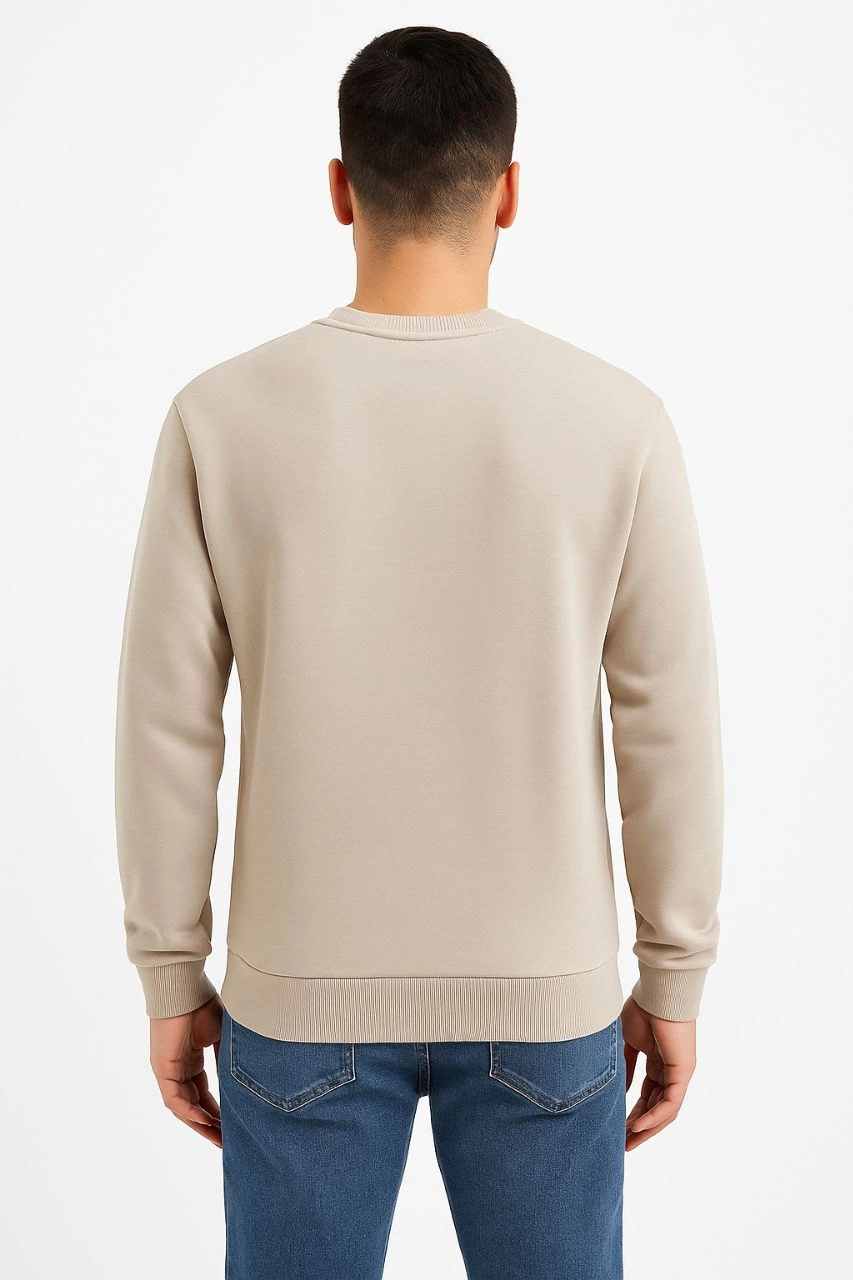 Erkek 3 İplik Pamuklu Düz Bisiklet Yaka SweatShirt - Bej