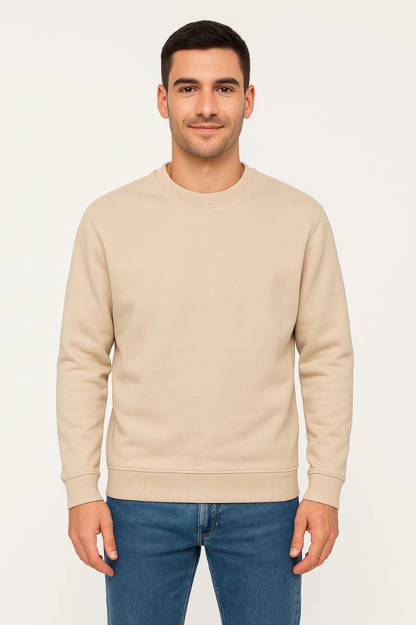 Erkek 3 İplik Pamuklu Düz Bisiklet Yaka SweatShirt - Bej