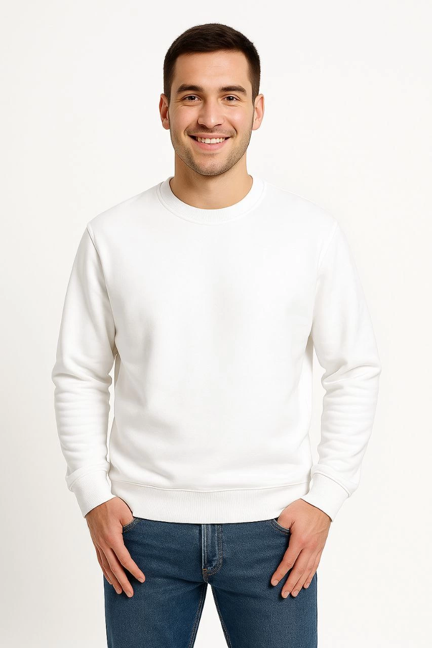 Erkek 3 İplik Pamuklu Düz Bisiklet Yaka SweatShirt - Beyaz