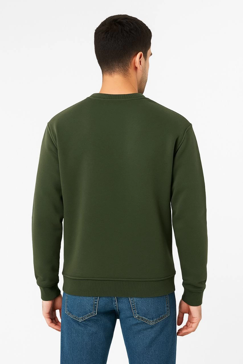 Erkek 3 İplik Pamuklu Düz Bisiklet Yaka SweatShirt - Haki