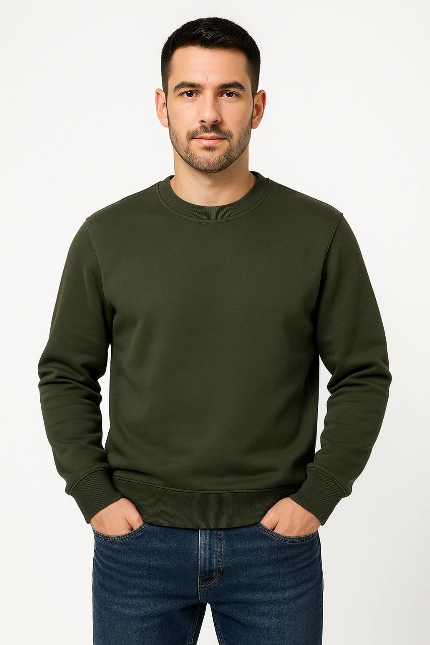 Erkek 3 İplik Pamuklu Düz Bisiklet Yaka SweatShirt - Haki