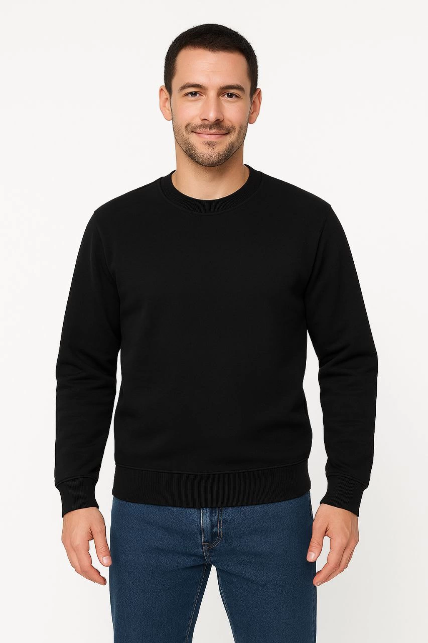 Erkek 3 İplik Pamuklu Düz Bisiklet Yaka SweatShirt - Siyah