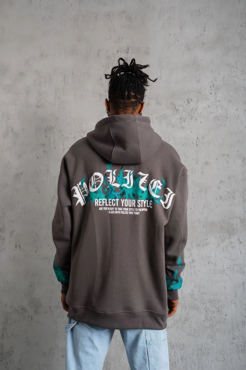 Erkek 3 iplik Pamuklu Alev Baskılı Kapüşonlu hoodie Sweatshirt - Gri