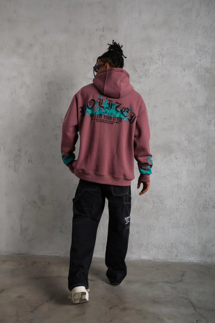 Erkek 3 İplik içi Pamuklu Alev Baskılı Kapüşonlu hoodie Sweatshirt - Gül Kurusu