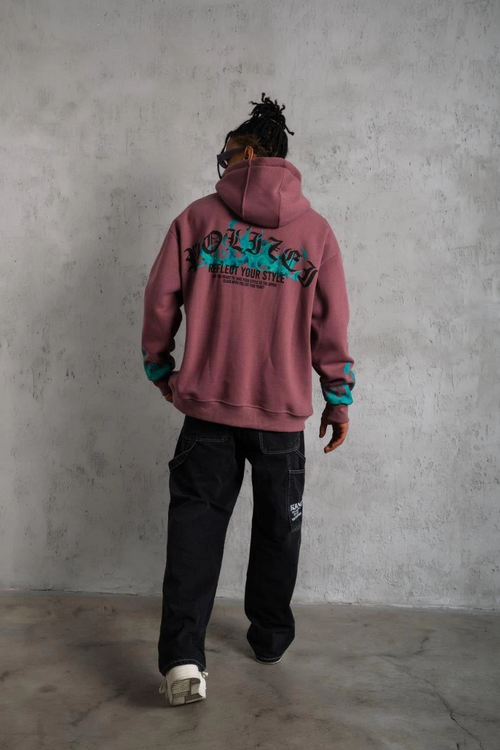 Erkek 3 İplik içi Pamuklu Alev Baskılı Kapüşonlu hoodie Sweatshirt - Gül Kurusu