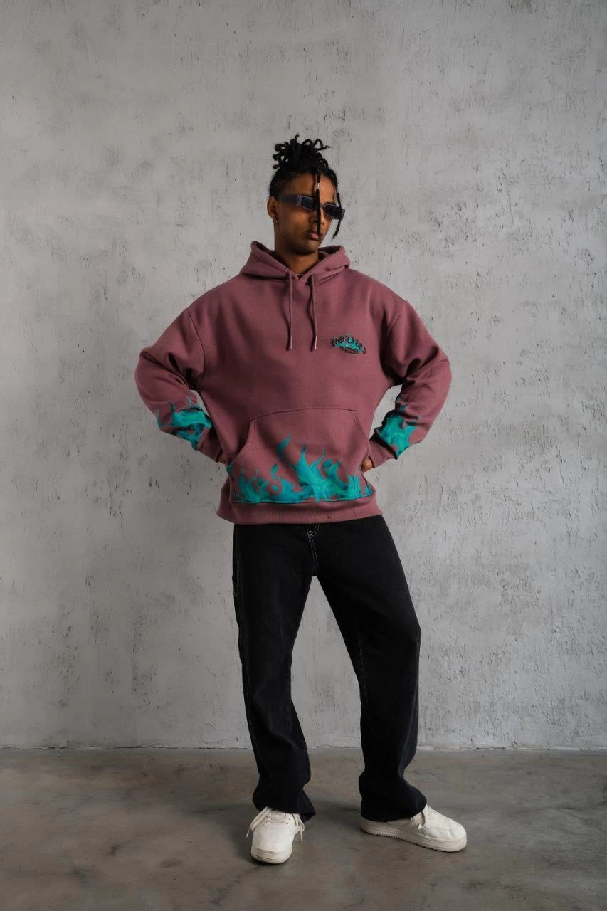 Erkek 3 İplik içi Pamuklu Alev Baskılı Kapüşonlu hoodie Sweatshirt - Gül Kurusu