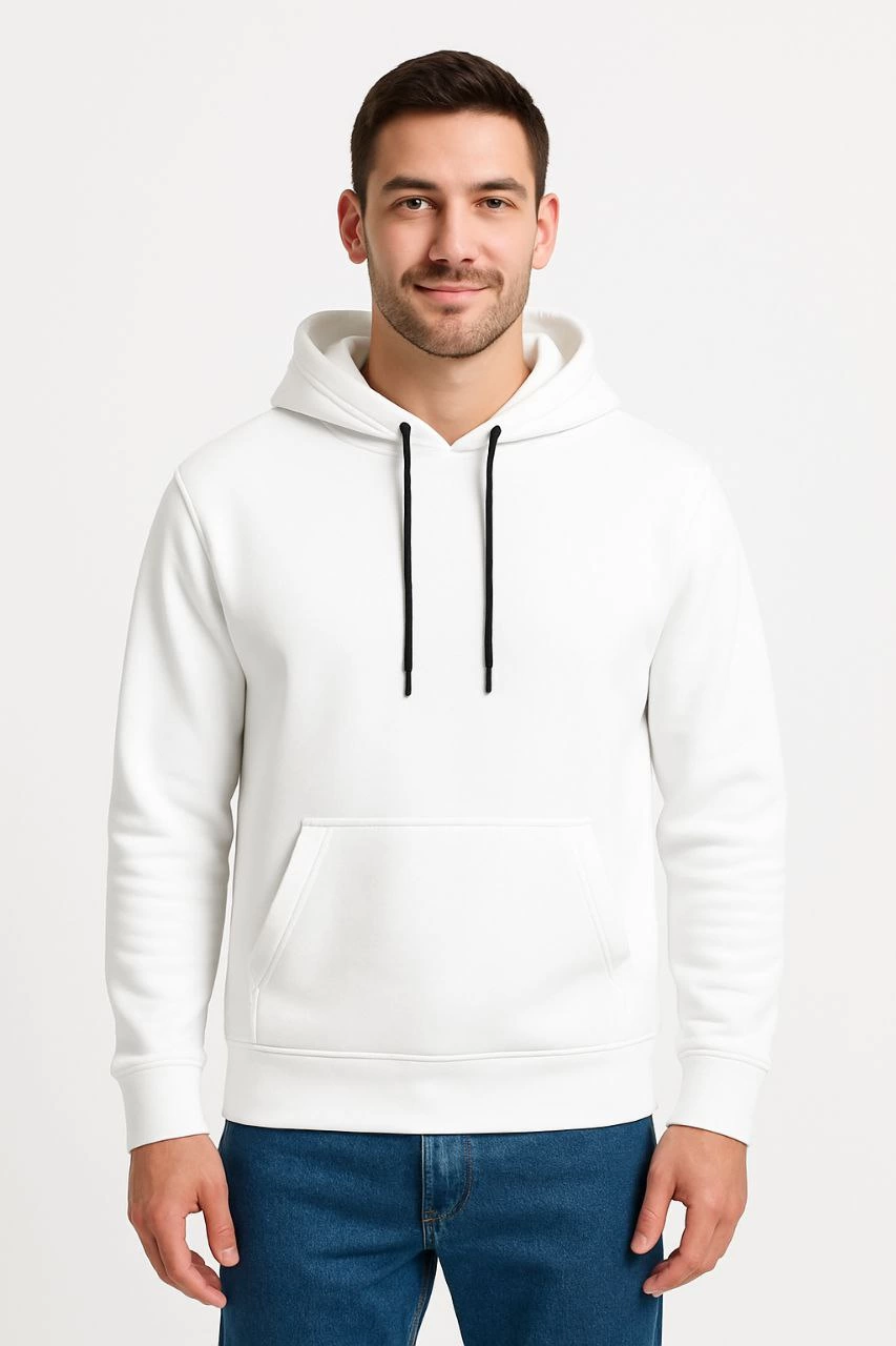 Erkek 3 İplik Pamuklu Kapüşonlu Kanguru Cepli SweatShirt hoodie - Beyaz
