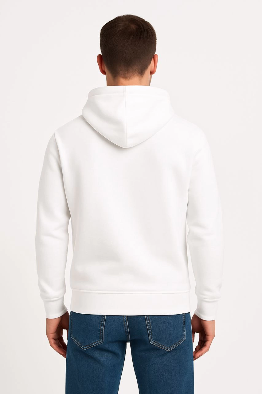 Erkek 3 İplik Pamuklu Kapüşonlu Kanguru Cepli SweatShirt hoodie - Beyaz
