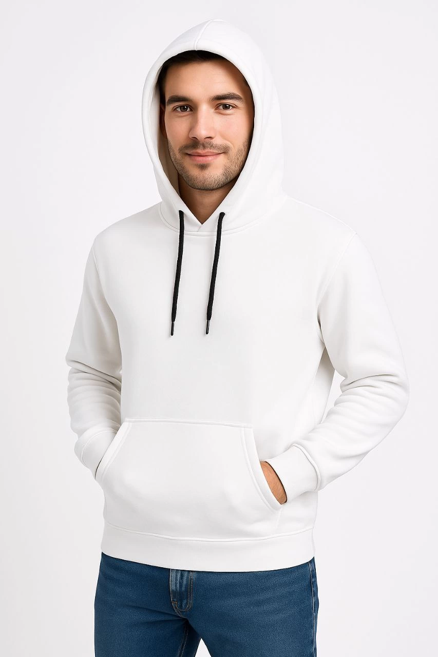 Erkek 3 İplik Pamuklu Kapüşonlu Kanguru Cepli SweatShirt hoodie - Beyaz