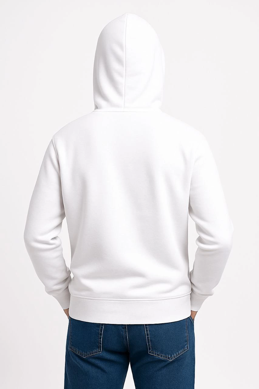 Erkek 3 İplik Pamuklu Kapüşonlu Kanguru Cepli SweatShirt hoodie - Beyaz