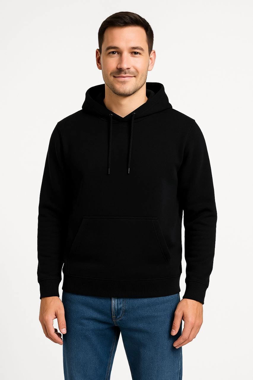 Erkek 3 İplik Pamuklu Kapüşonlu Kanguru Cepli SweatShirt hoodie - Siyah