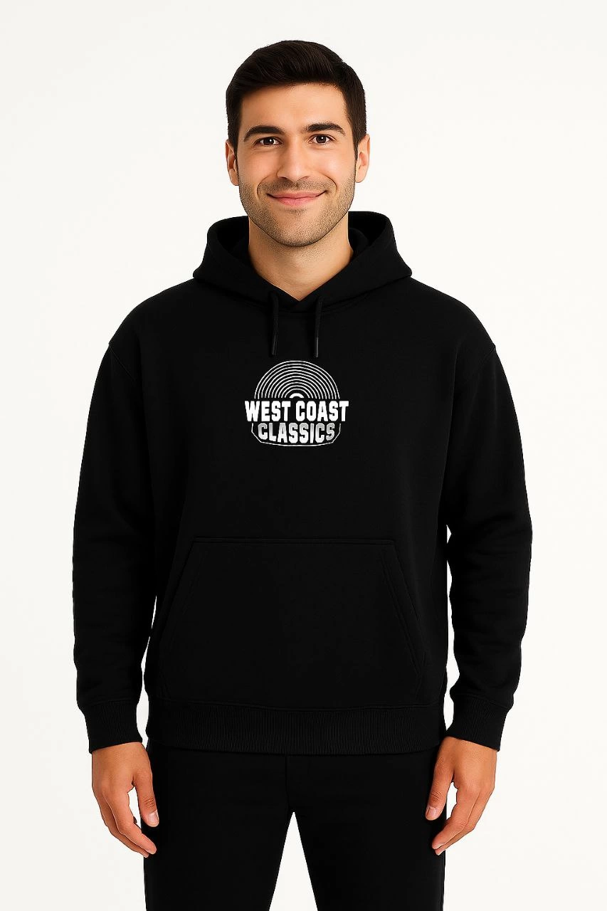 Erkek Kapüşonlu Kanguru Cepli Sweatshirt 3 İplik Pamuklu Baskılı Hoodie -  Siyah